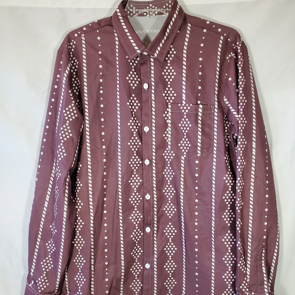 SHEIN BROWN WESTERN COWBOY POLKA DOT GEOMETRIC PATTERN BUTTON UP SHIRT